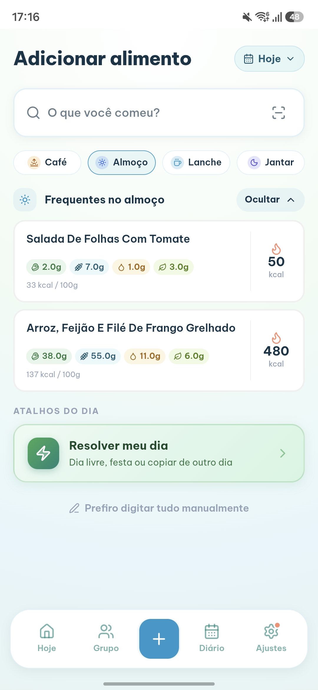 Tela de adicionar alimento com busca, atalhos e frequentes