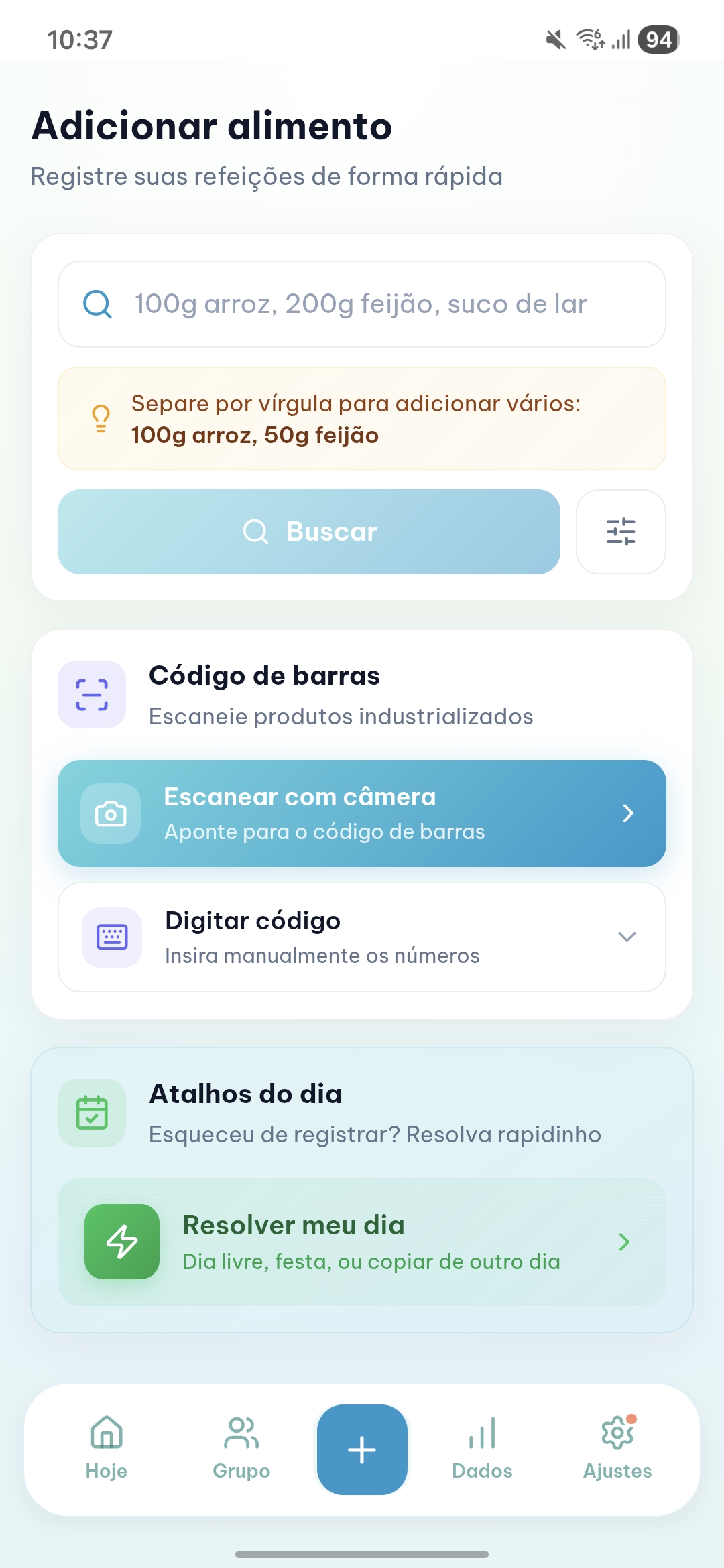 Tela do FitDuo: adicionar alimento