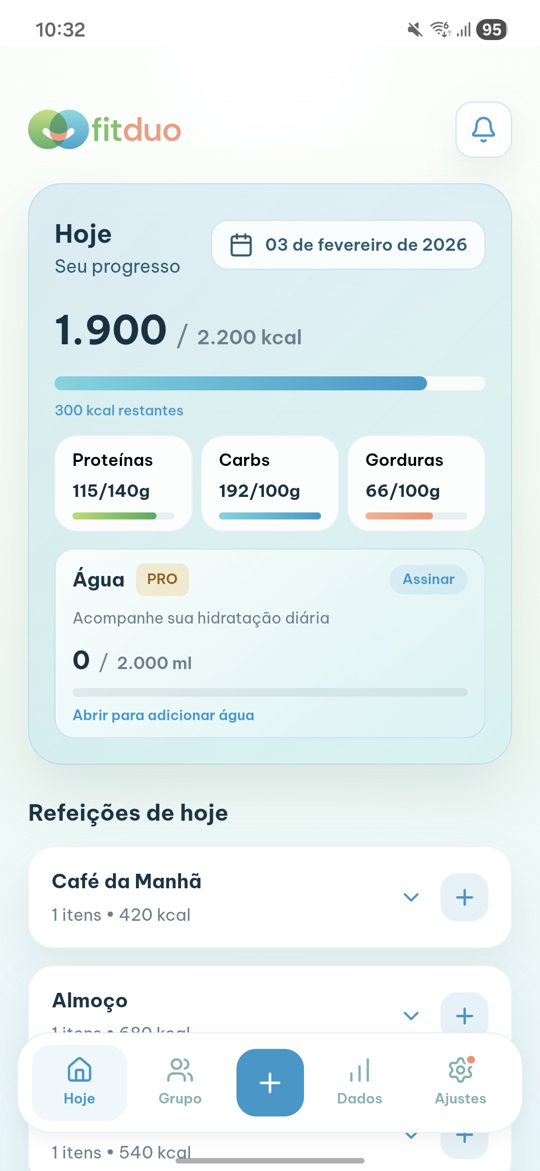 Tela do FitDuo: dashboard do dia