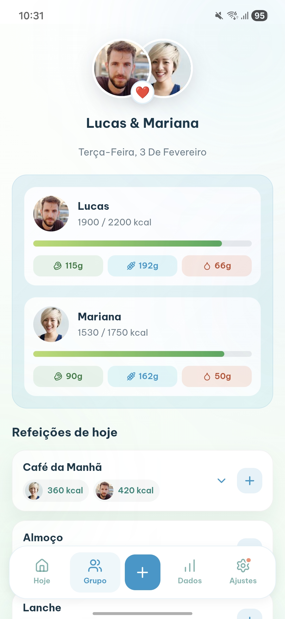 Tela do FitDuo: modo casal