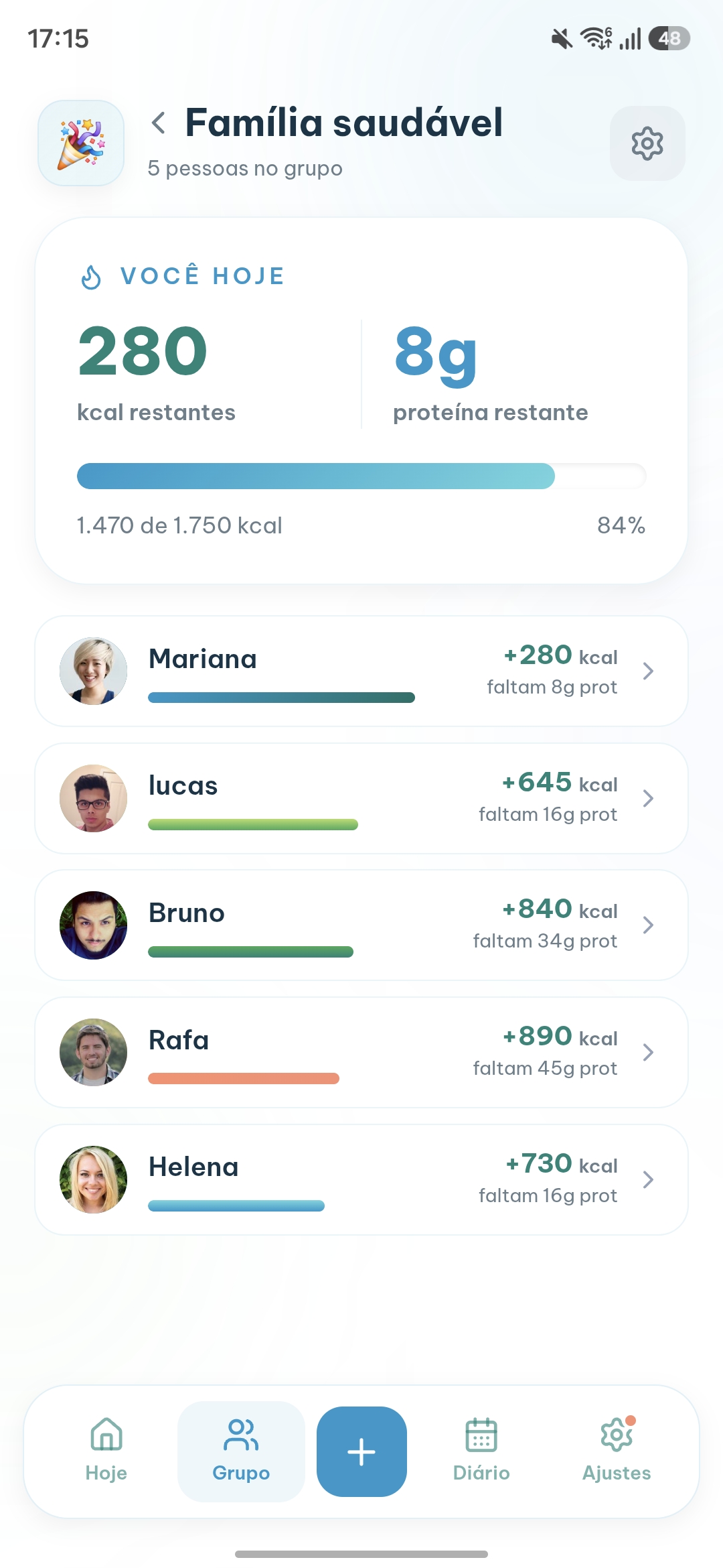 Tela de grupo com ranking de calorias e proteína dos membros