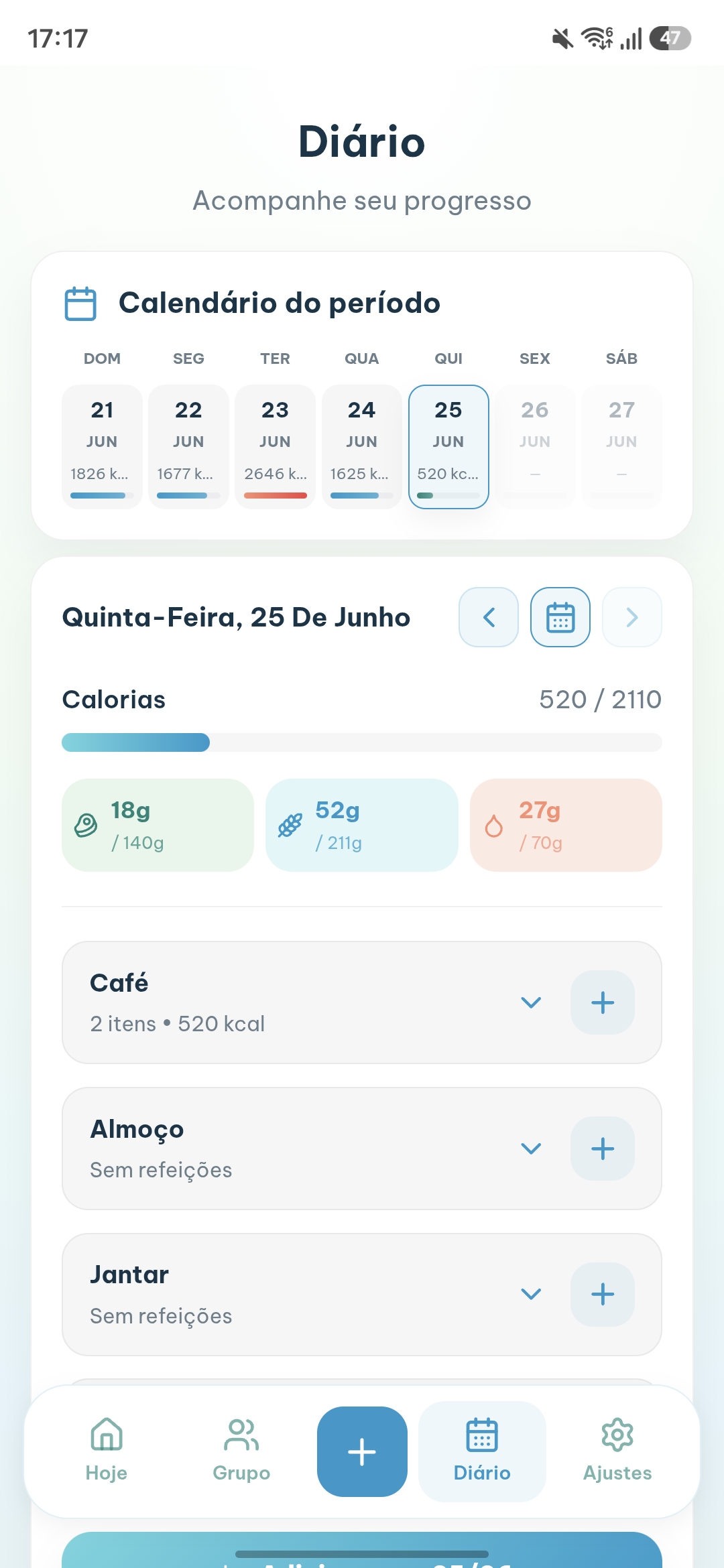 Tela do diário com calendário do período e refeições do dia